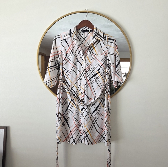 New York & Company Dresses & Skirts - New York & Co White Plaid Button Front Shirt Dress Belted Small Petite EUC NY&Co